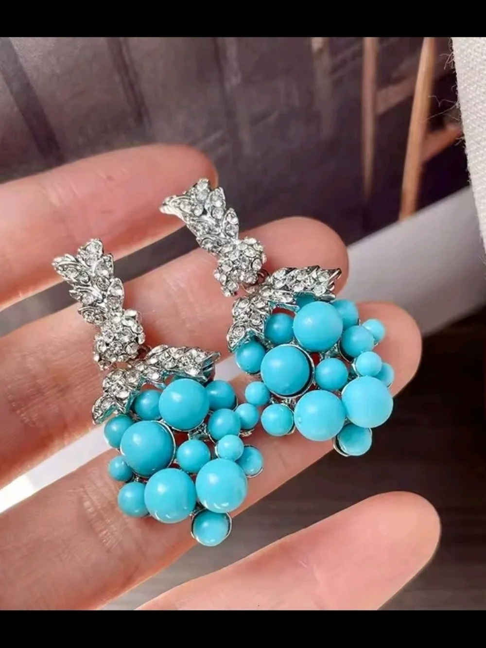 Turquoise Bead Cluster Drop Earrings - Picture 2 of 6